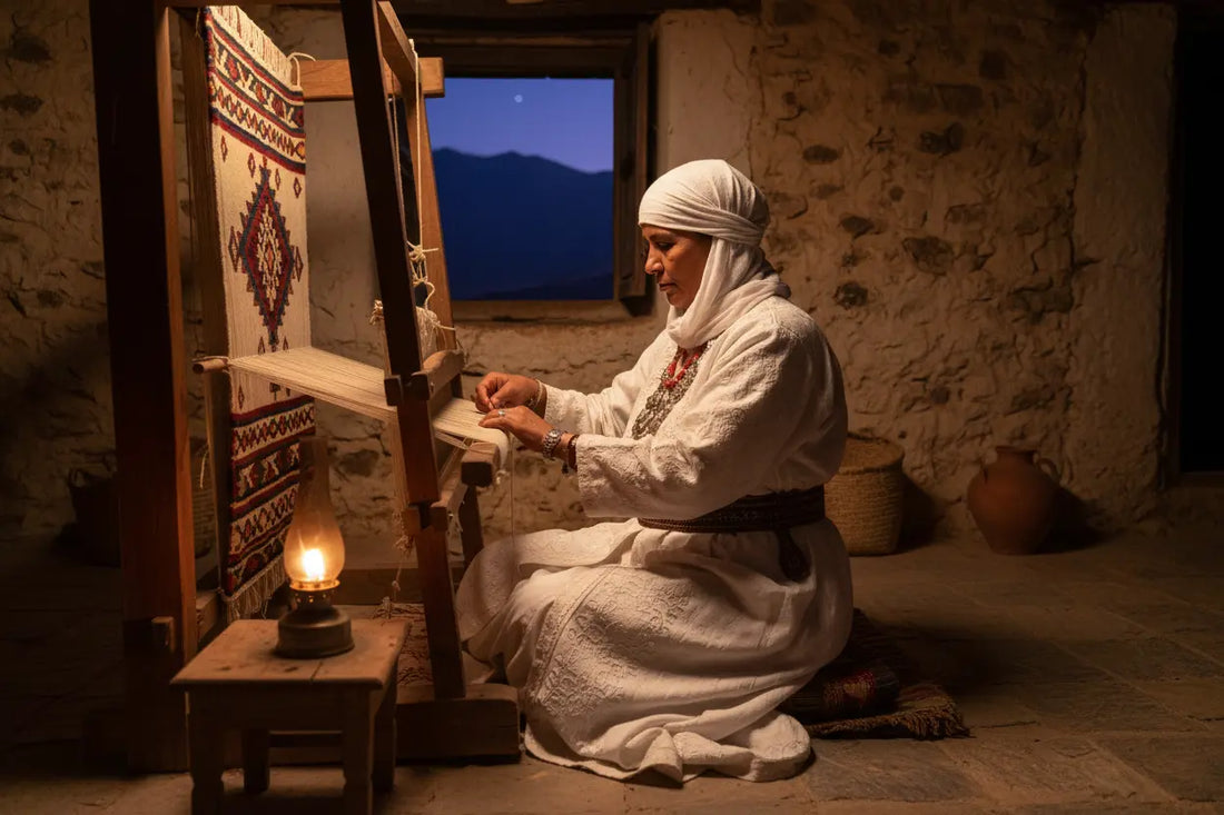 A Muslim Amazigh woman of the Rif weaving traditional geometric patterns at dawn, wearing authentic white Rif dress and headscarf