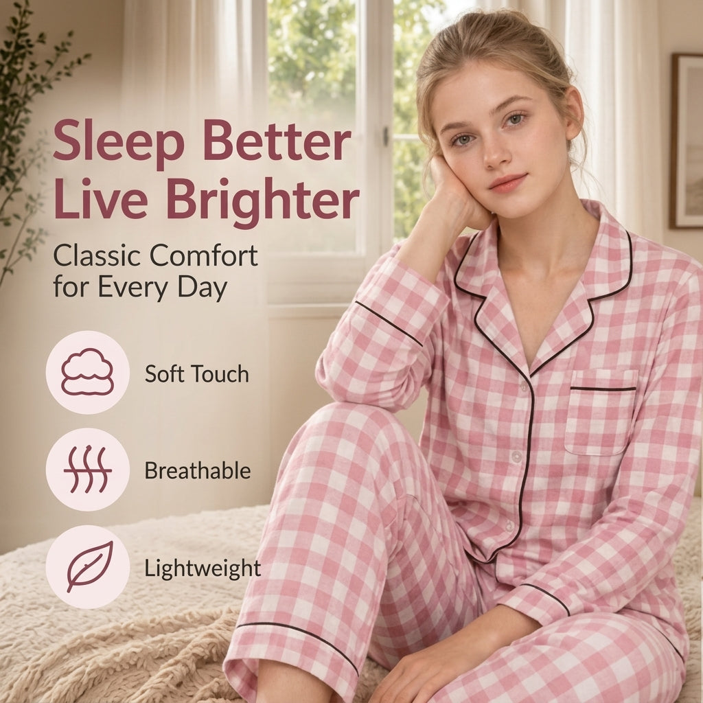 Women’s Pink Gingham Pajama Set – Long Sleeve Button-Up Shirt & Matching Pants, 2-Piece Lounge & Sle