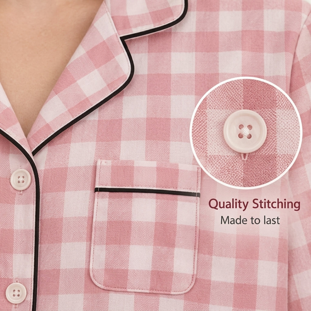 Women’s Pink Gingham Pajama Set – Long Sleeve Button-Up Shirt & Matching Pants, 2-Piece Lounge & Sle