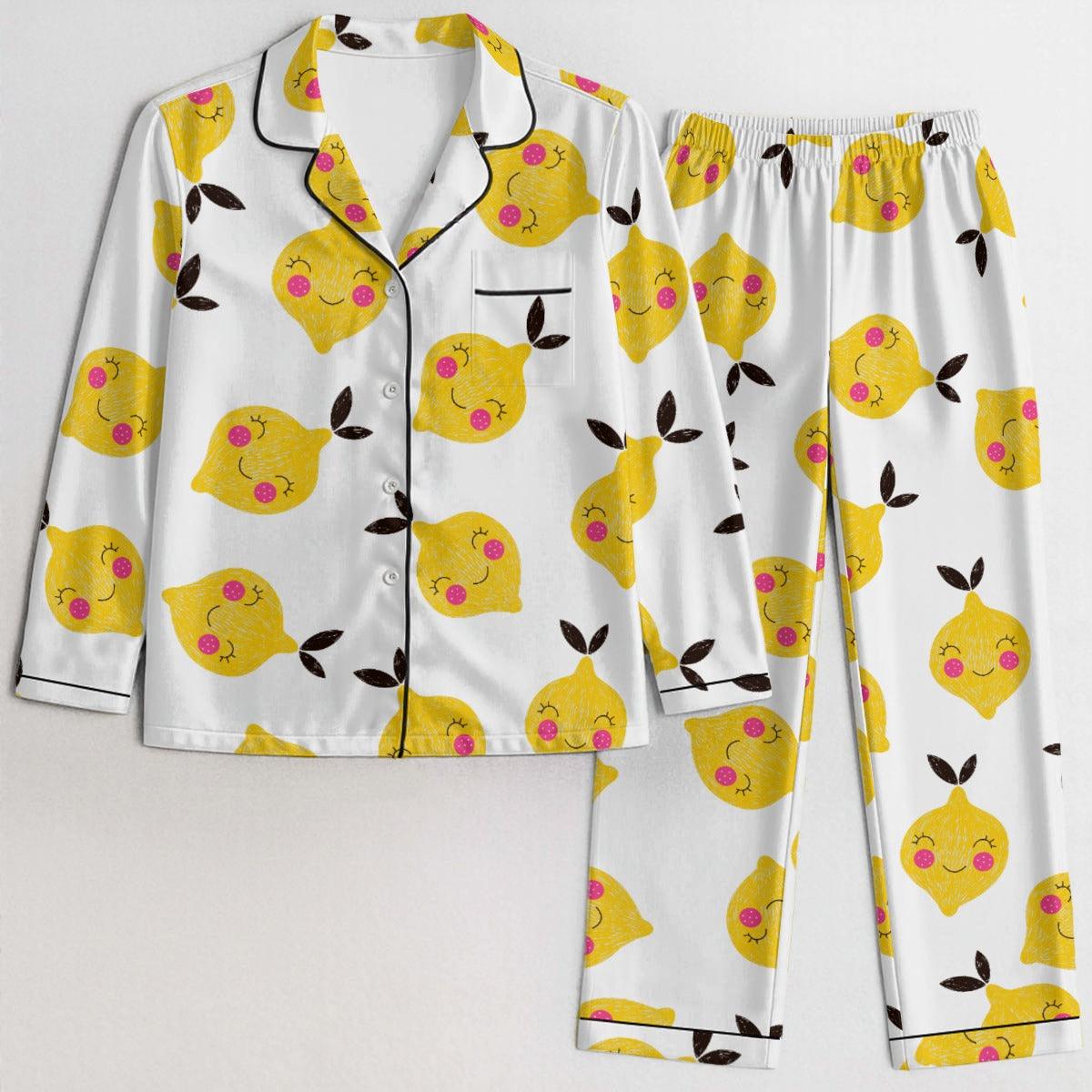 Azura Heritage Lemon Bliss Set – Fresh Citrus Print Satin Sleepwear Pyjama Set Yoycol
