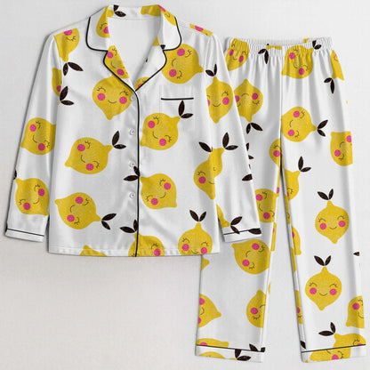 Azura Heritage Lemon Bliss Set – Fresh Citrus Print Satin Sleepwear Pyjama Set Yoycol