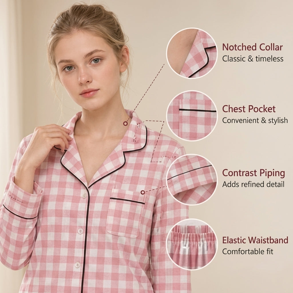 Women’s Pink Gingham Pajama Set – Long Sleeve Button-Up Shirt & Matching Pants, 2-Piece Lounge & Sle