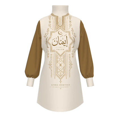 All Over Print Women's High Stacked Collar Long Sleeve Casual Dress