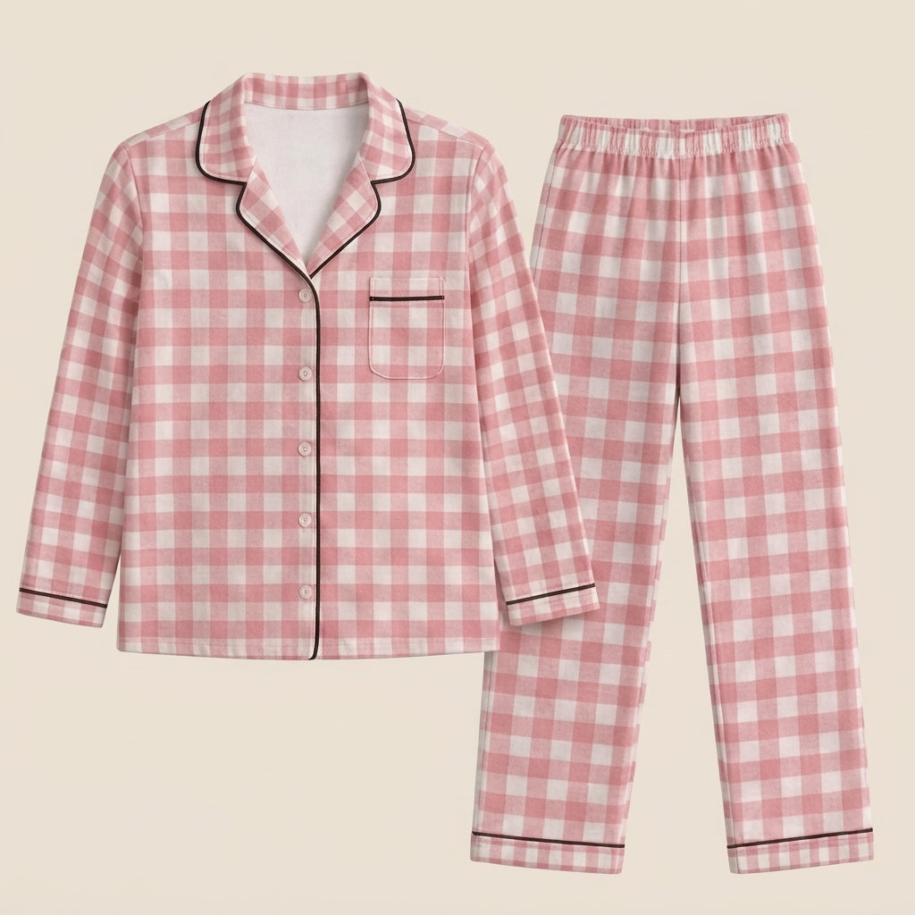 Women’s Pink Gingham Pajama Set – Long Sleeve Button-Up Shirt & Matching Pants, 2-Piece Lounge & Sle