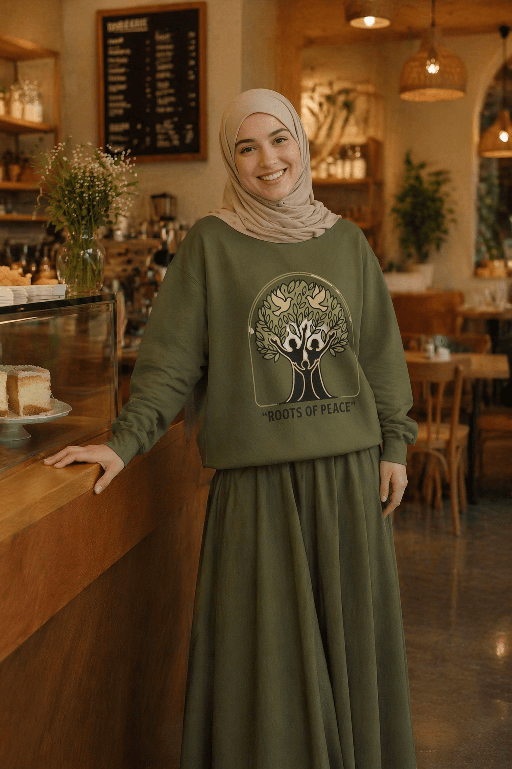 Azura Heritage Olive Heritage Sweatshirt – Amazigh-Inspired Embroidered Sweatshirt Printify