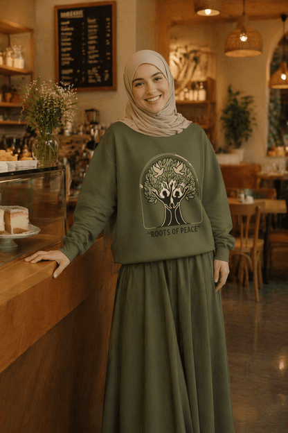 Azura Heritage Olive Heritage Sweatshirt – Amazigh-Inspired Embroidered Sweatshirt Printify
